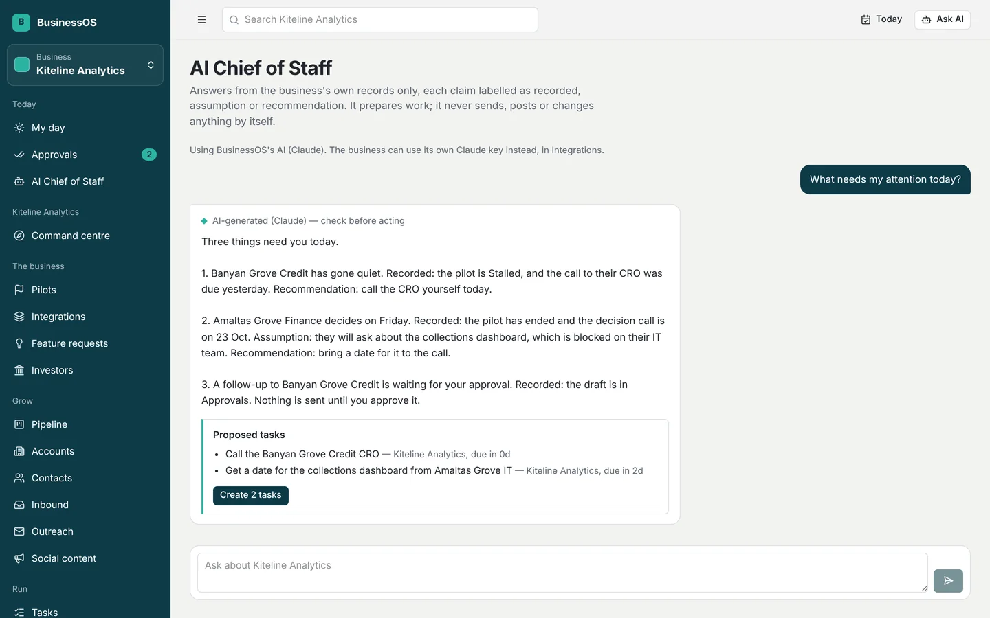 The AI Chief of Staff answering what needs attention today, with each claim marked recorded, assumption or recommendation, and two proposed tasks.