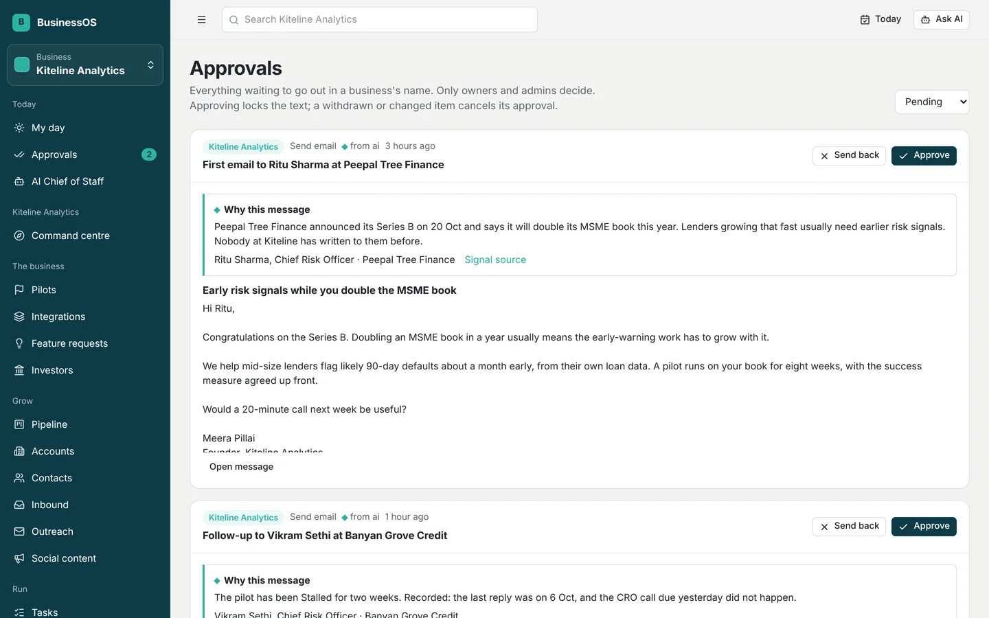 Approvals: two emails drafted by the AI sales team, each with why this message, who it is for and the signal's source, waiting for the founder to approve or send back.